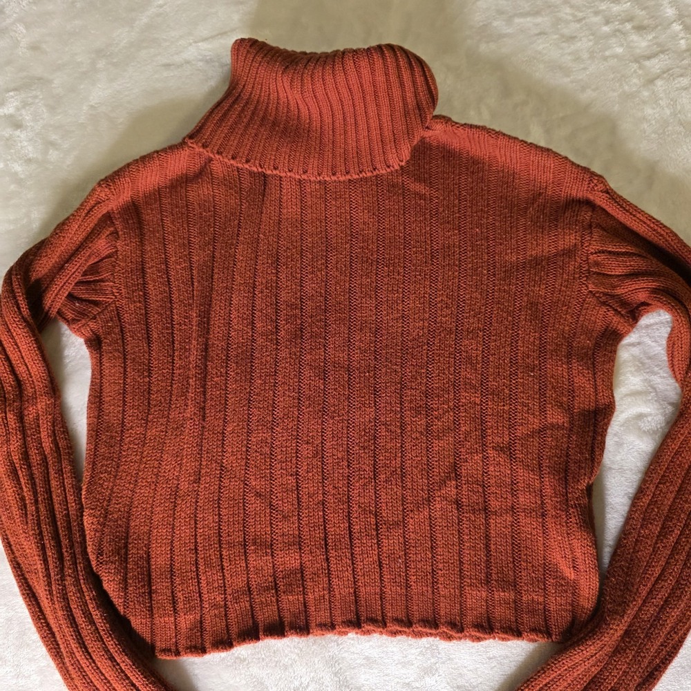 Women's Rust Color Fall Crop Sweater Turtleneck Long Sleeve, Soft Ribbed